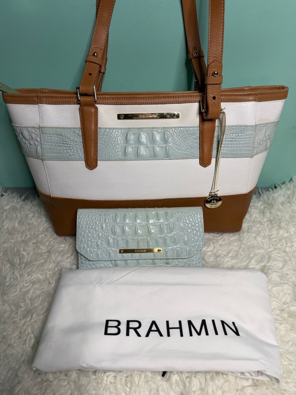 Brahmin Arno Tri-Color  Croc-Embossed Tote with Matching Wallet